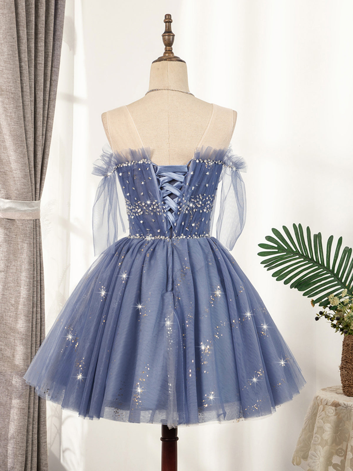 V Neck Off the Shoulder Short Blue Prom Dresses, Short Blue V Neck Graduation Homecoming Dresses