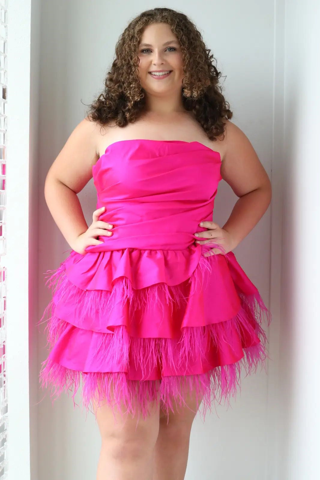 Pink Strapless Satin A-line Multi-Layers Homecoming Dress with Feathers