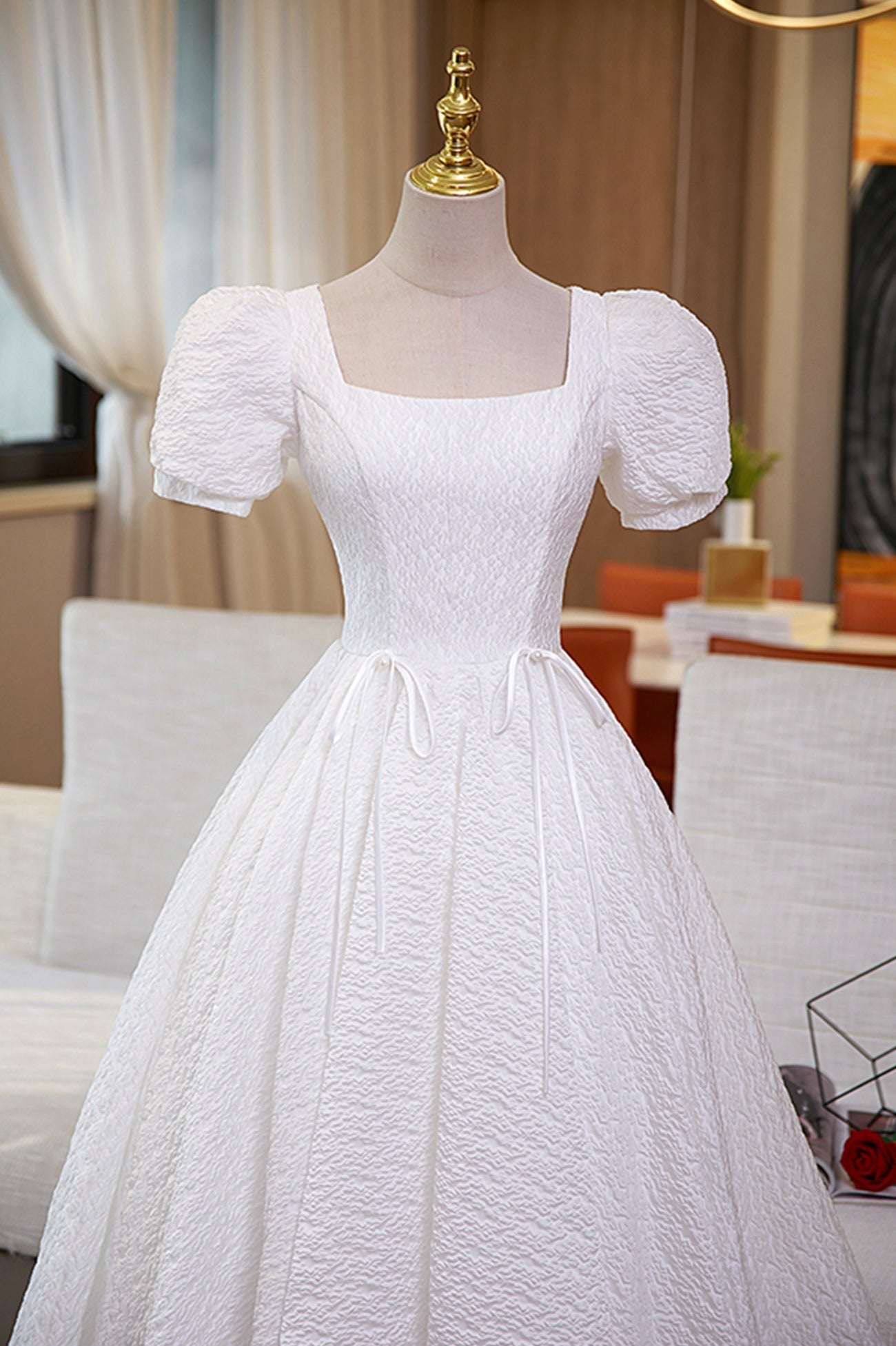 White A-Line Homecoming Dress, Cute Short Sleeve Evening Dress