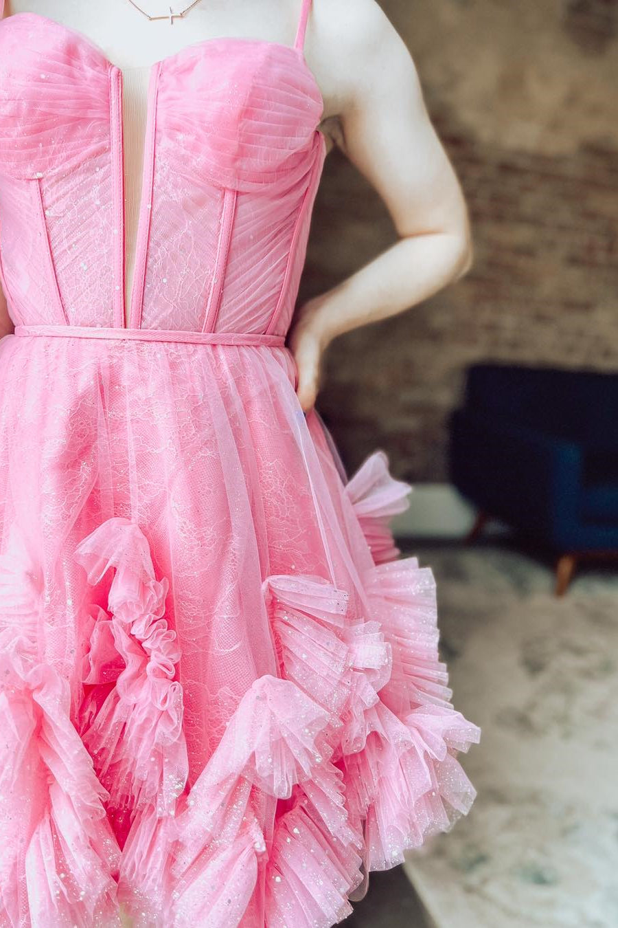 Hot Pink Straps A-line Ruffled Homecoming Dress