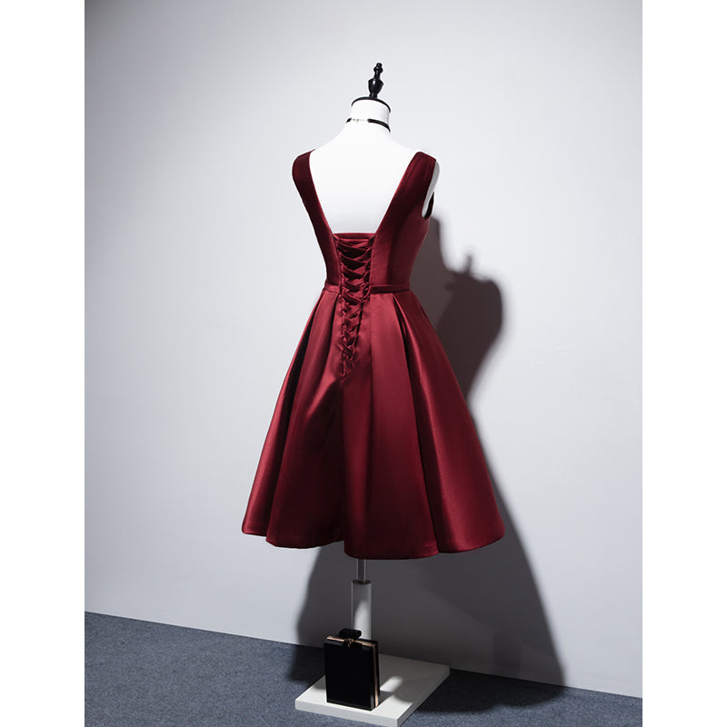 Wine Red V-neckline Satin Lace-up Homecoming Dress, Short Prom Dress