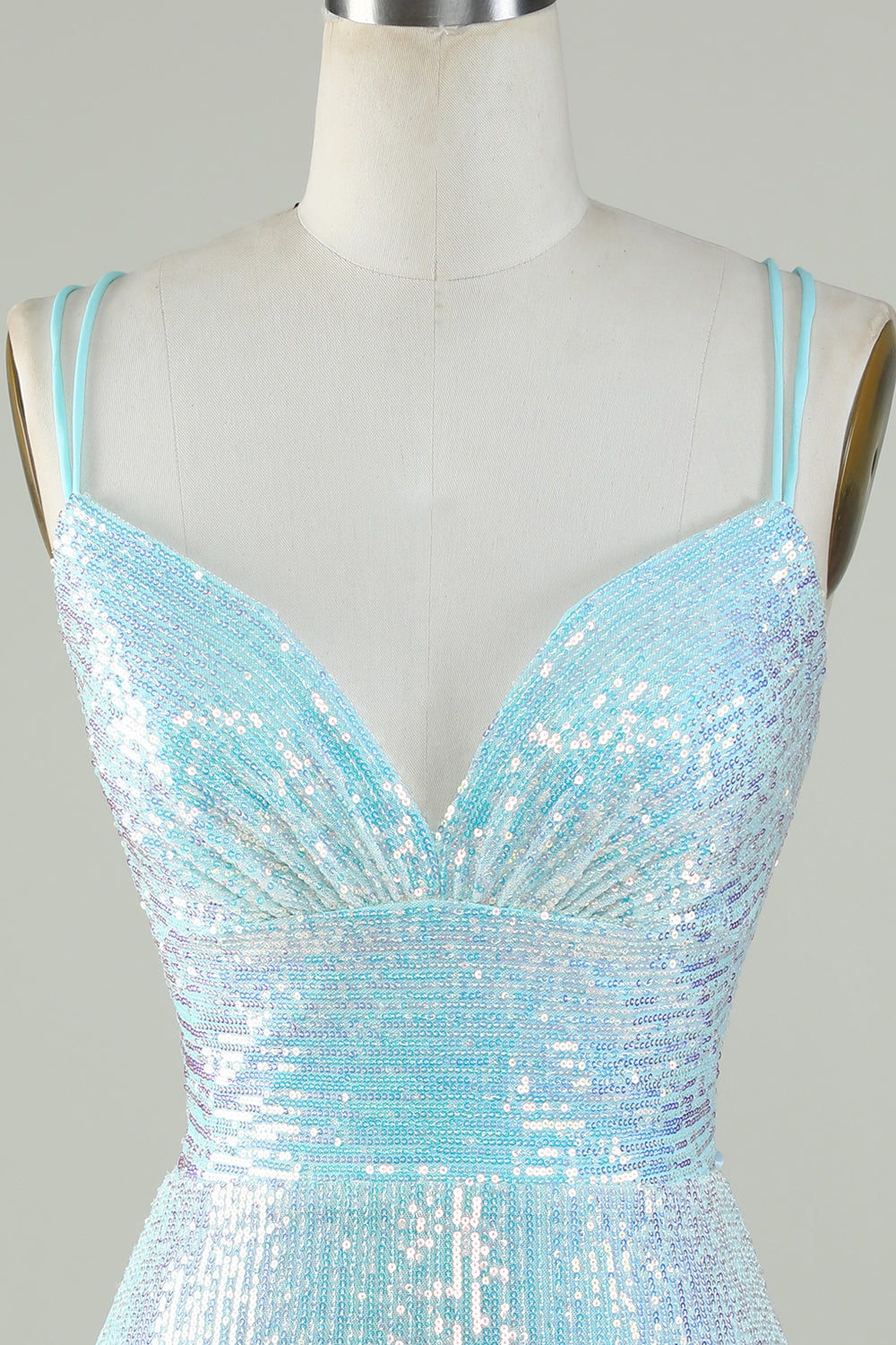 Bling Sheath Spaghetti Straps Light Blue Sequins Short Homecoming Dress with Criss Cross Back