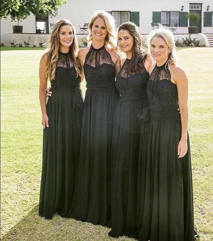 A-line Halter Floor-Length Chiffon Black Bridesmaid Dresses ABC0005