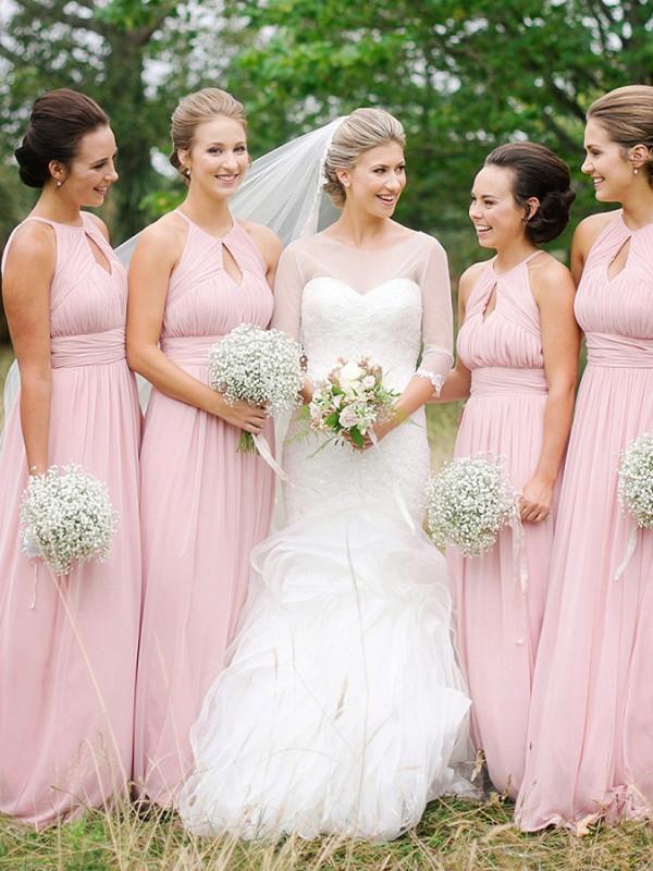 A-line Halter Sweep Train Chiffon Simple Bridesmaid Dresses ASD2472