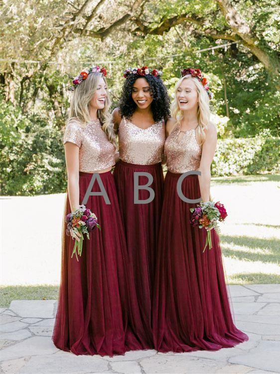 A-line Scoop/V-neck/Halter Floor-Length Tulle Bridesmaid Dresses HX00117