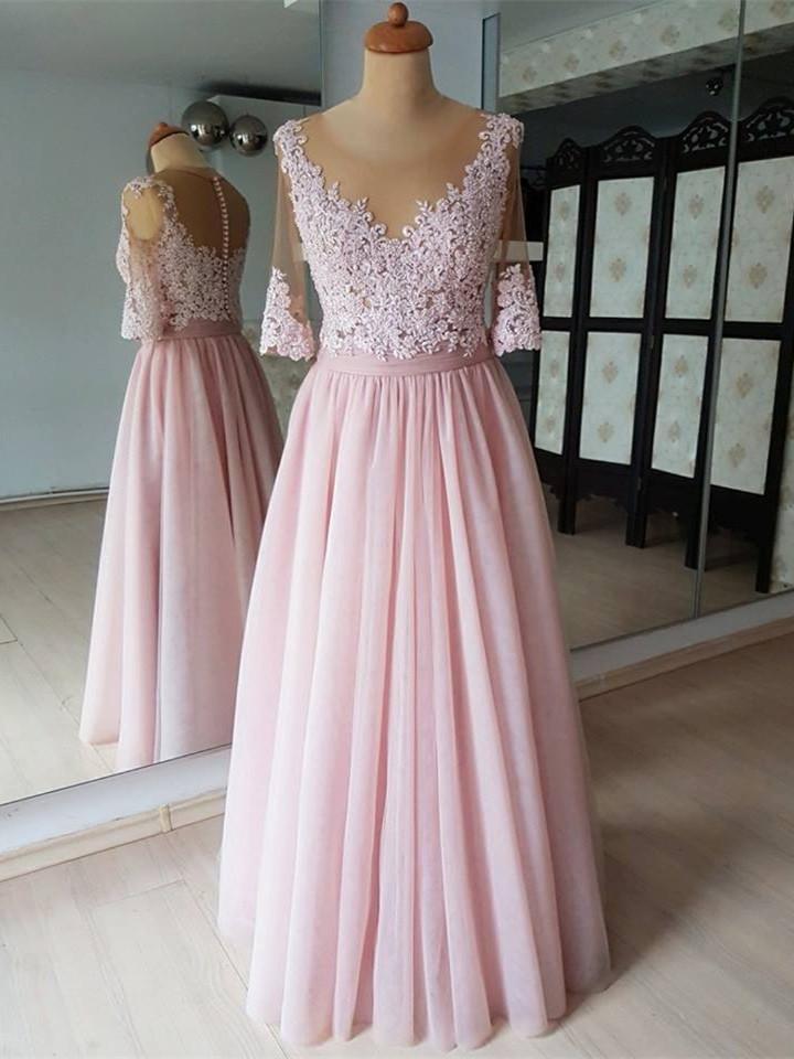 Attractive Chiffon Scoop Neckline Half Sleeves A-line Bridesmaid Dresses With Appliques BD043