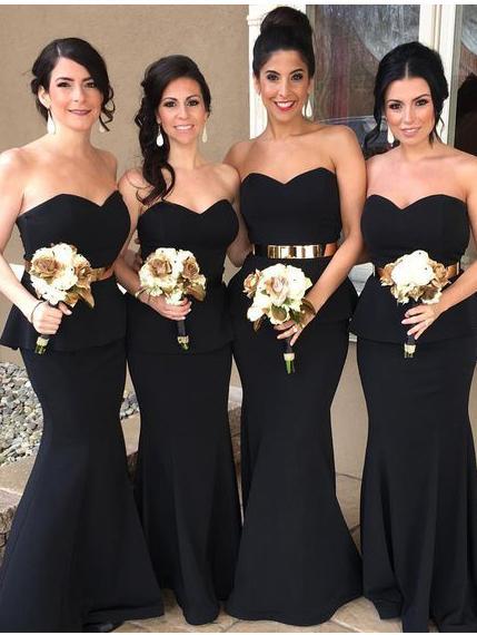 Mermaid Sweetheart Sweep Train Satin Simple Black Bridesmaid Dresses ASD2690