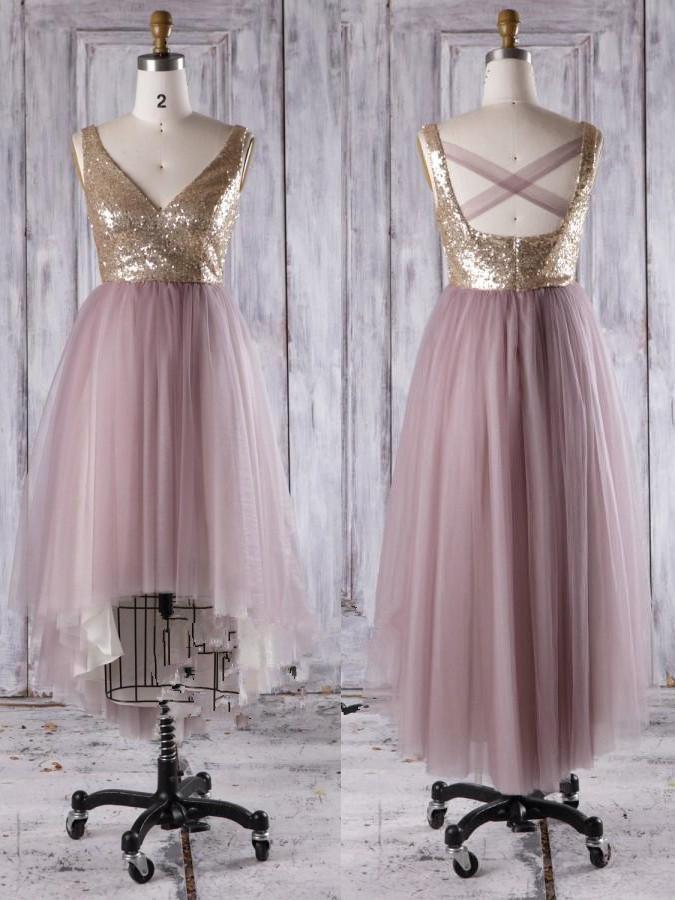 Shining Tulle V-neck Neckline Hi-lo Length A-line Bridesmaid Dresses With Sequins BD020